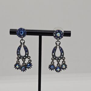 blue AB rhinestone teardrop chandelier earrings signed Butler